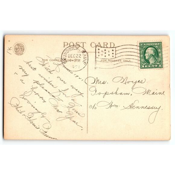 Vintage 1911 Christmas Postcard Winter Scene with Holly & Flowers - Picture 2 of 2